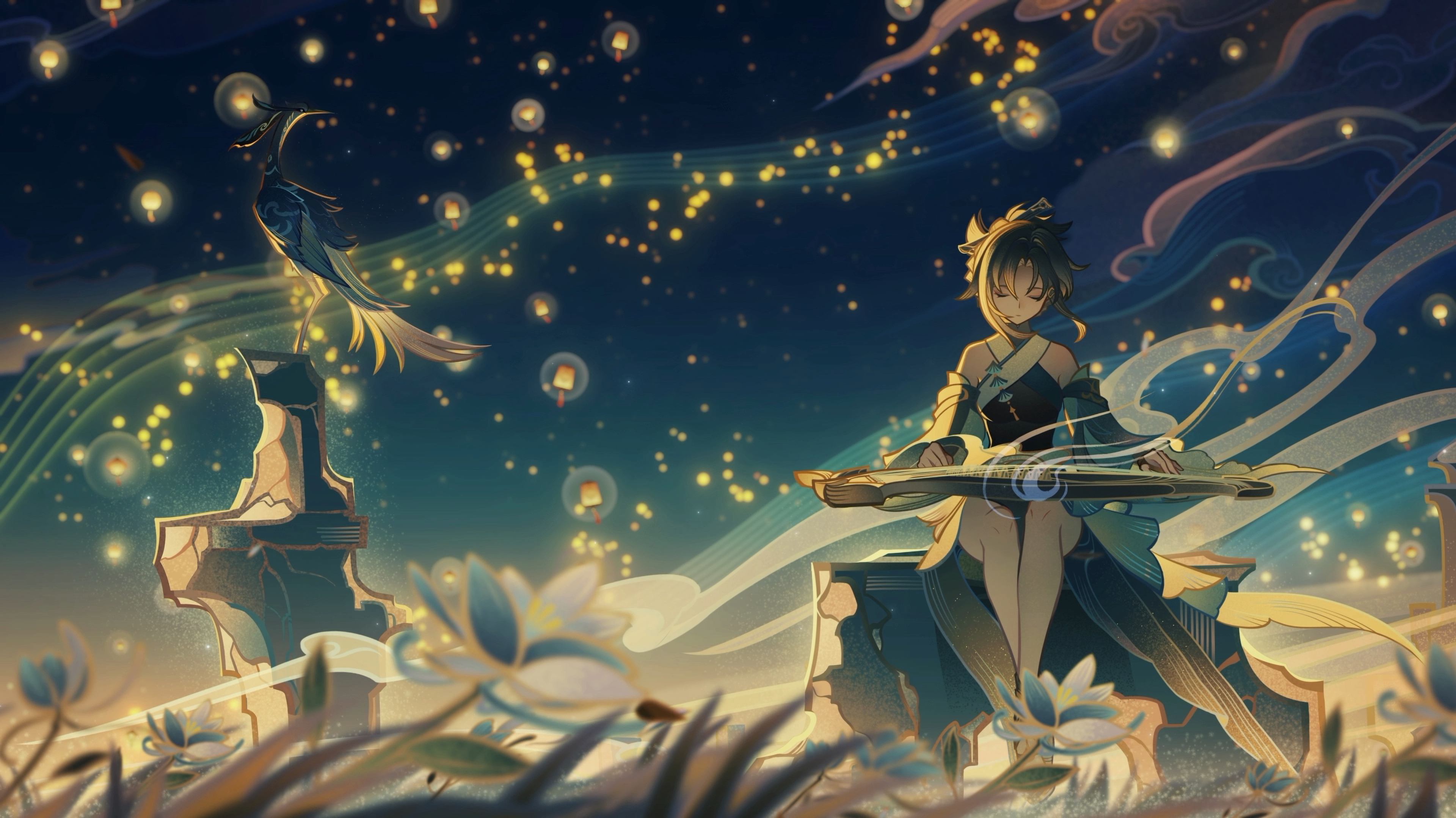 Free download chinese costume lantern lantern festival sky crane bird flower chinese guzheng musical instrument, Wallpaper & 7wallpaper