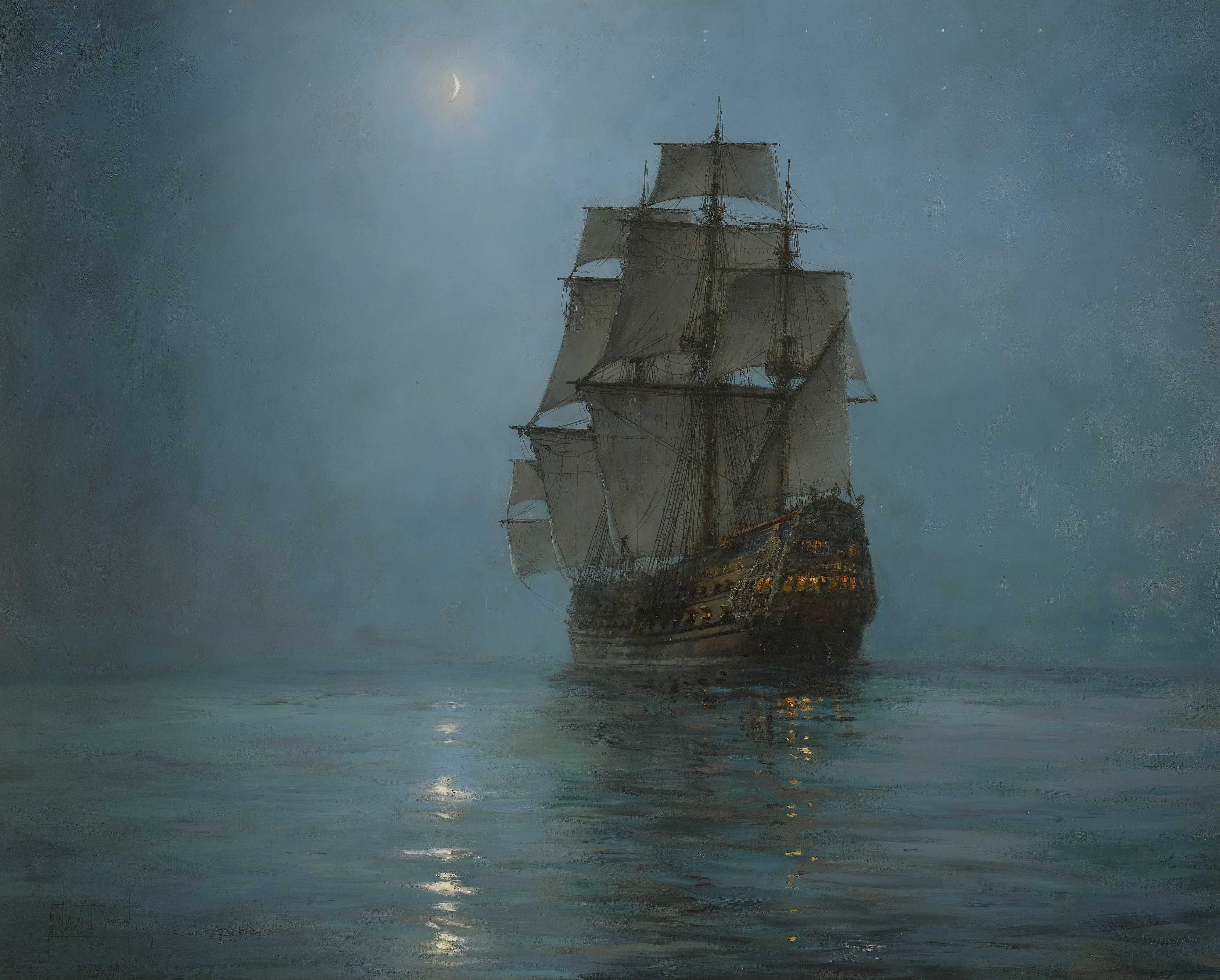 Free download montague dawson oil painting boat sailing ship water moon, Wallpaper & 7wallpaper