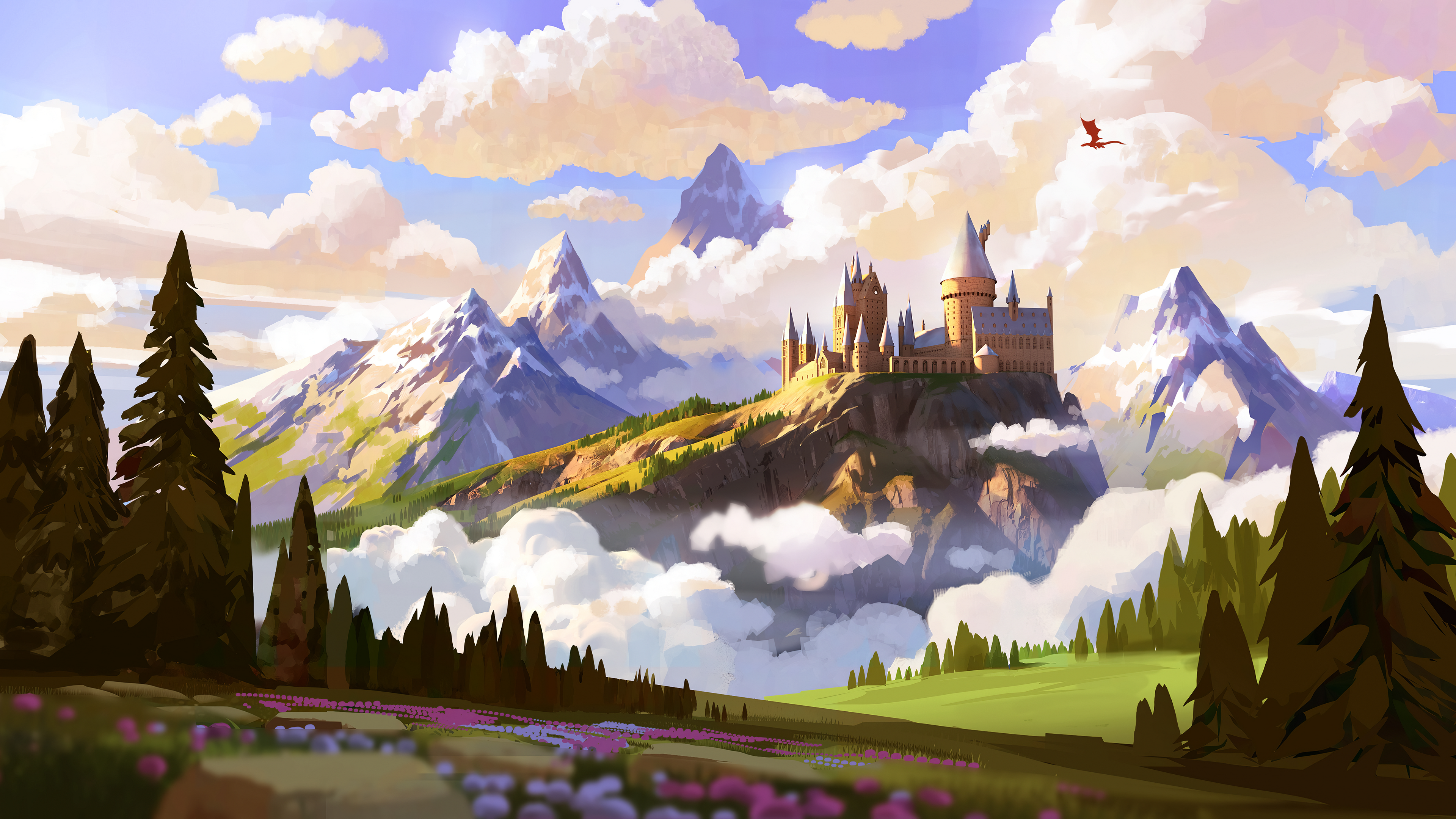 Free download Hogwarts Harry Potter AI Art Clouds Trees Mountain Castle Fantasy Art, Wallpaper & 7wallpaper