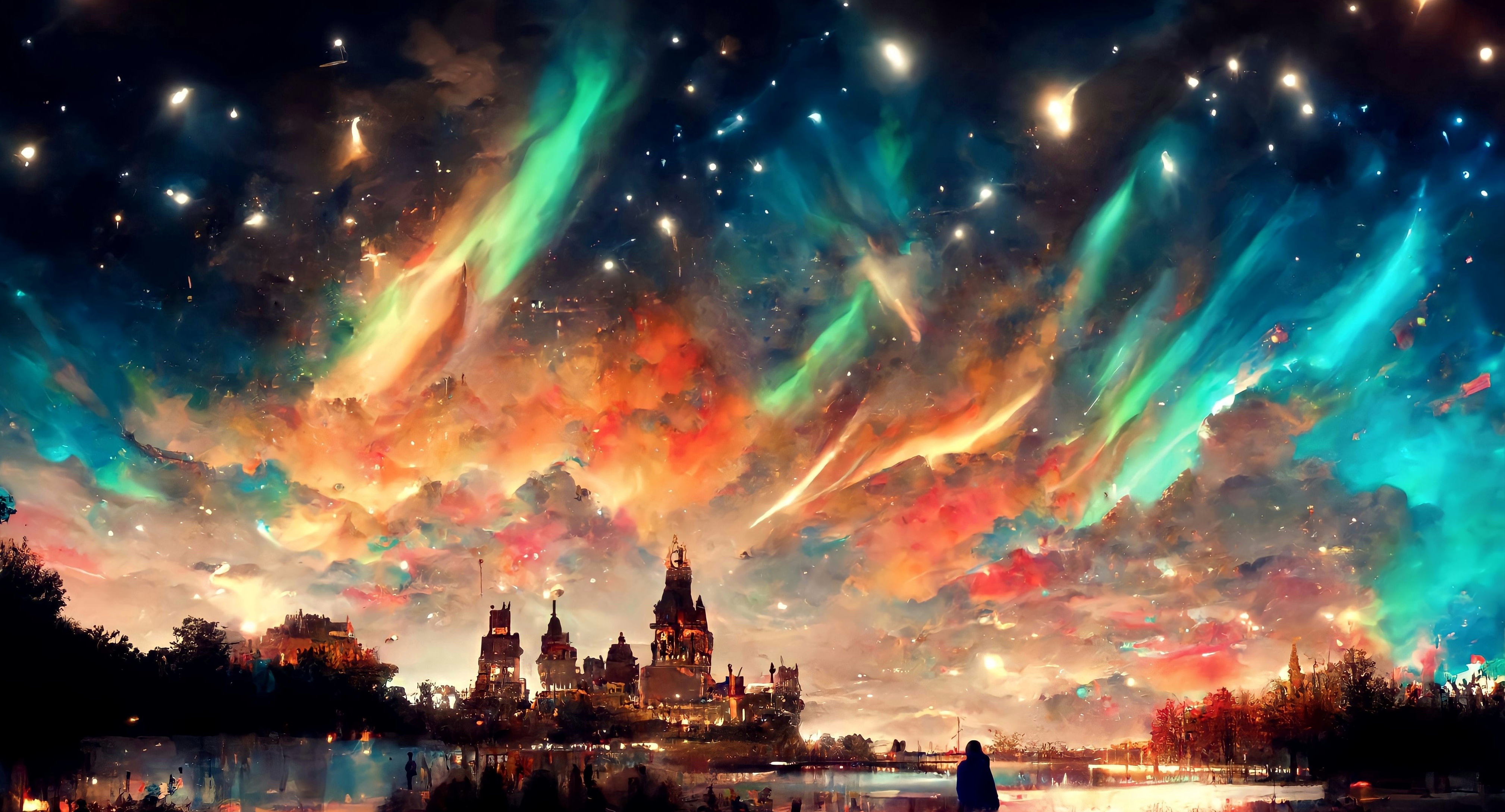 Free download Landscape Night Aurora Castle Kingdom Lake Trees Stars Clouds Computer Wallpaper 4K Wallpaper, Wallpaper & 7wallpaper